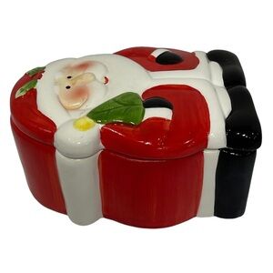 Santa Claus Shape Ceramic Christmas Candy Snack Trinket Dish w/Lid Holiday Decor
